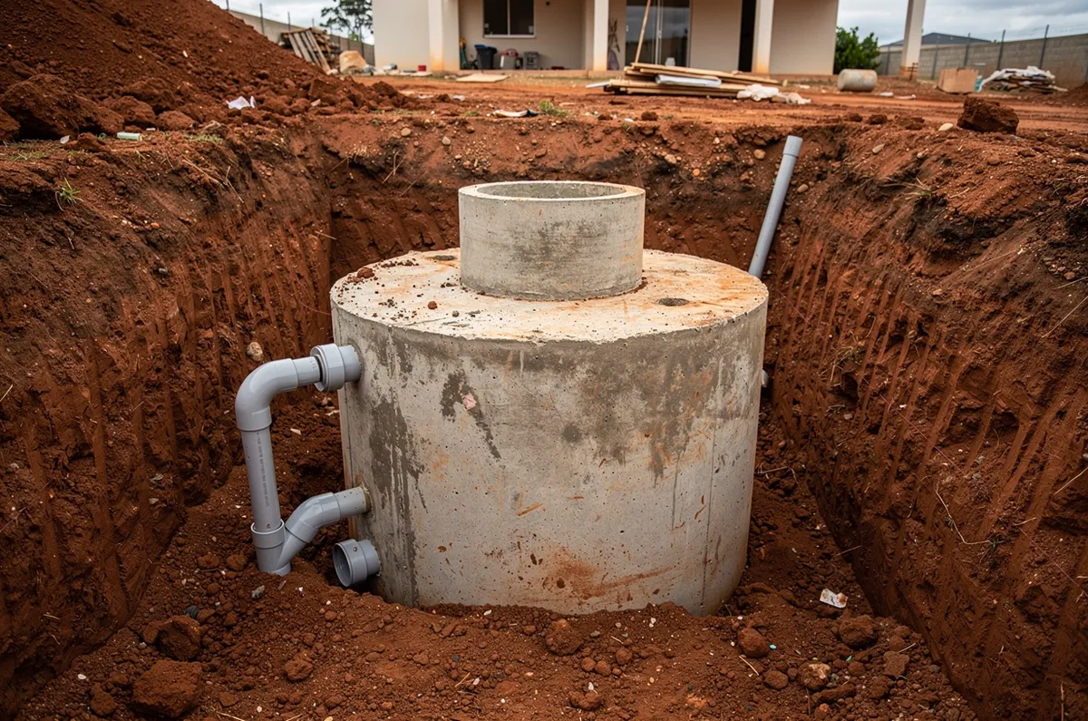 Caixa de fossa séptica de concreto pré-moldada instalada em vala com tubulação de PVC