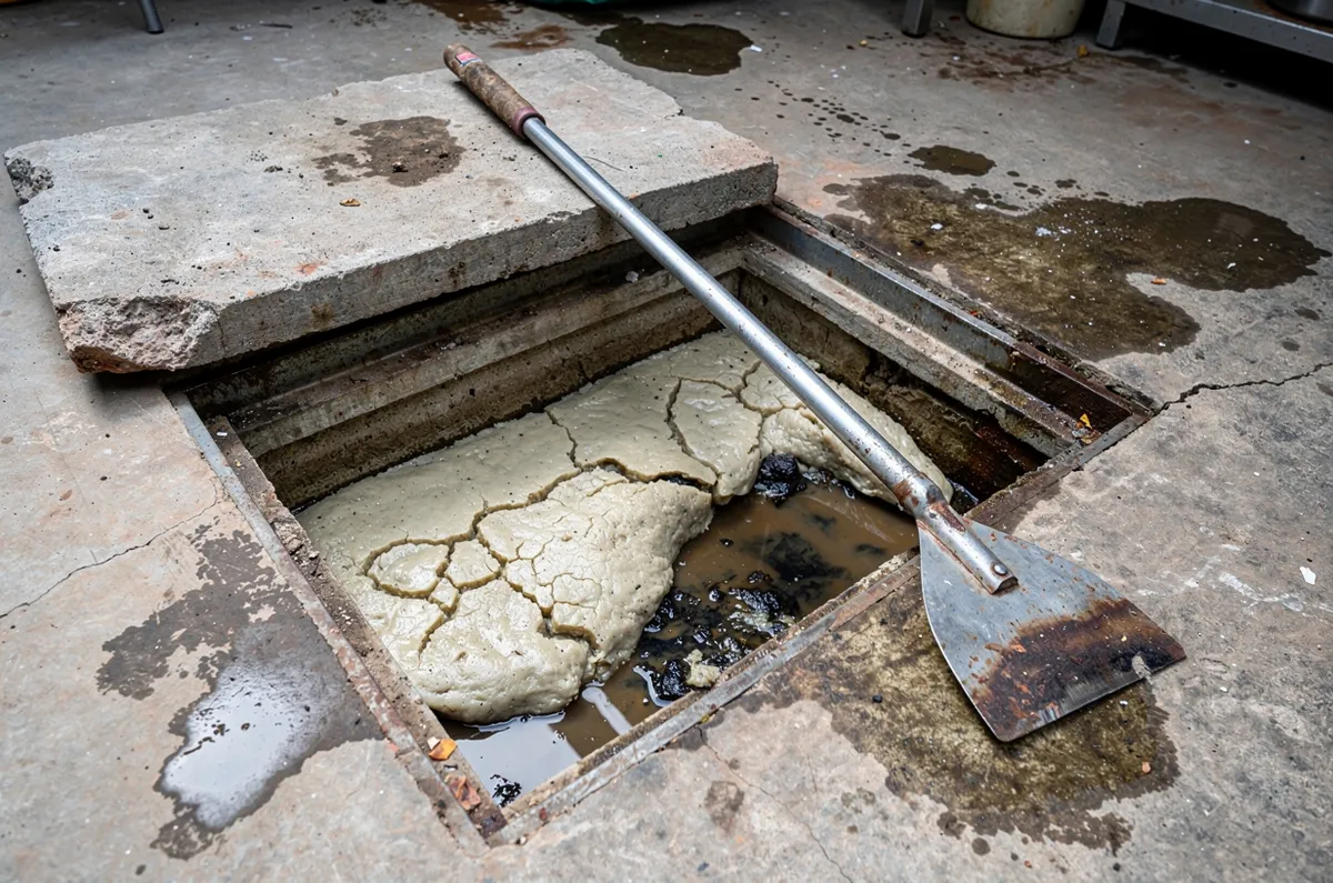 Caixa de gordura aberta com camada de gordura solidificada e espátula de limpeza apoiada na borda