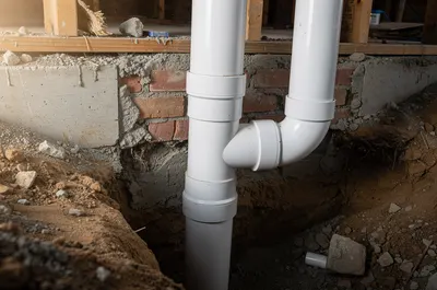 Tubos de PVC de esgoto expostos em uma vala de parede