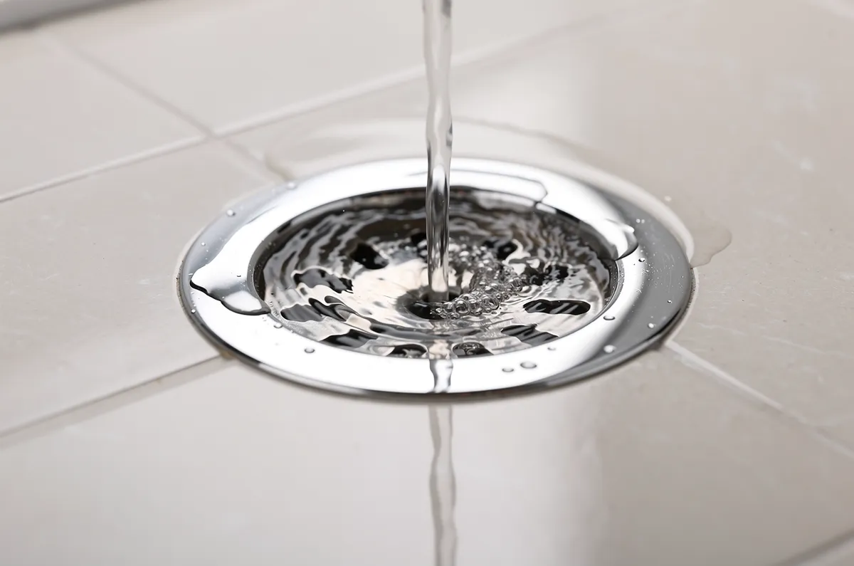 Ralo cromado de chuveiro com água escoando no piso