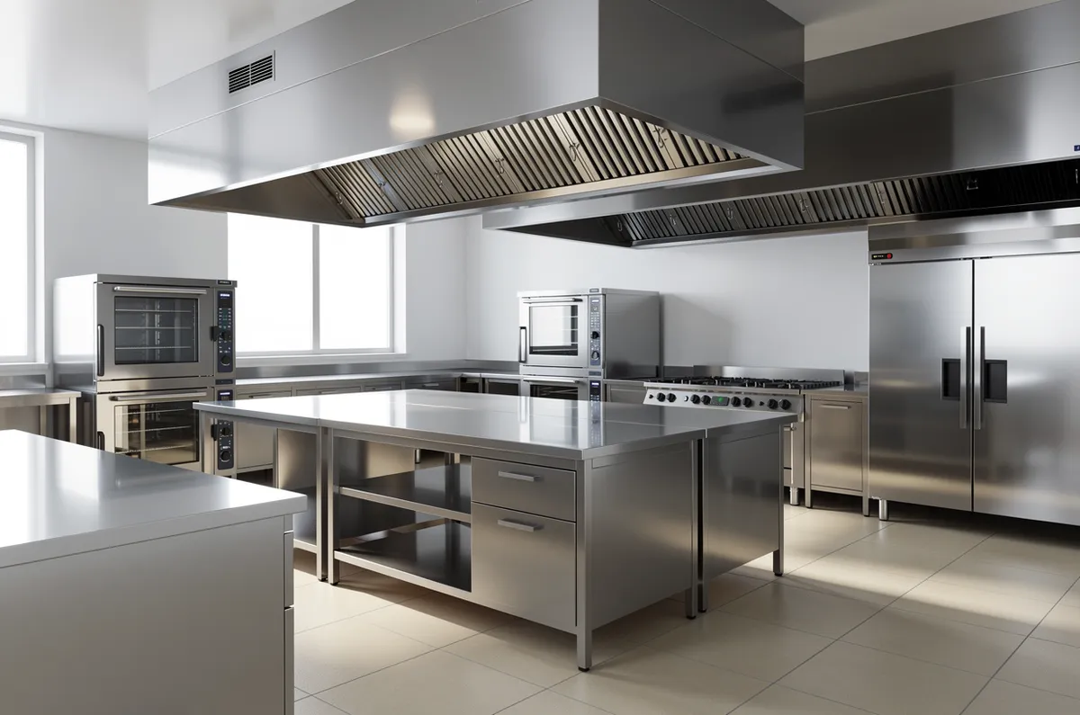Interior limpo de uma cozinha industrial com superfícies de inox