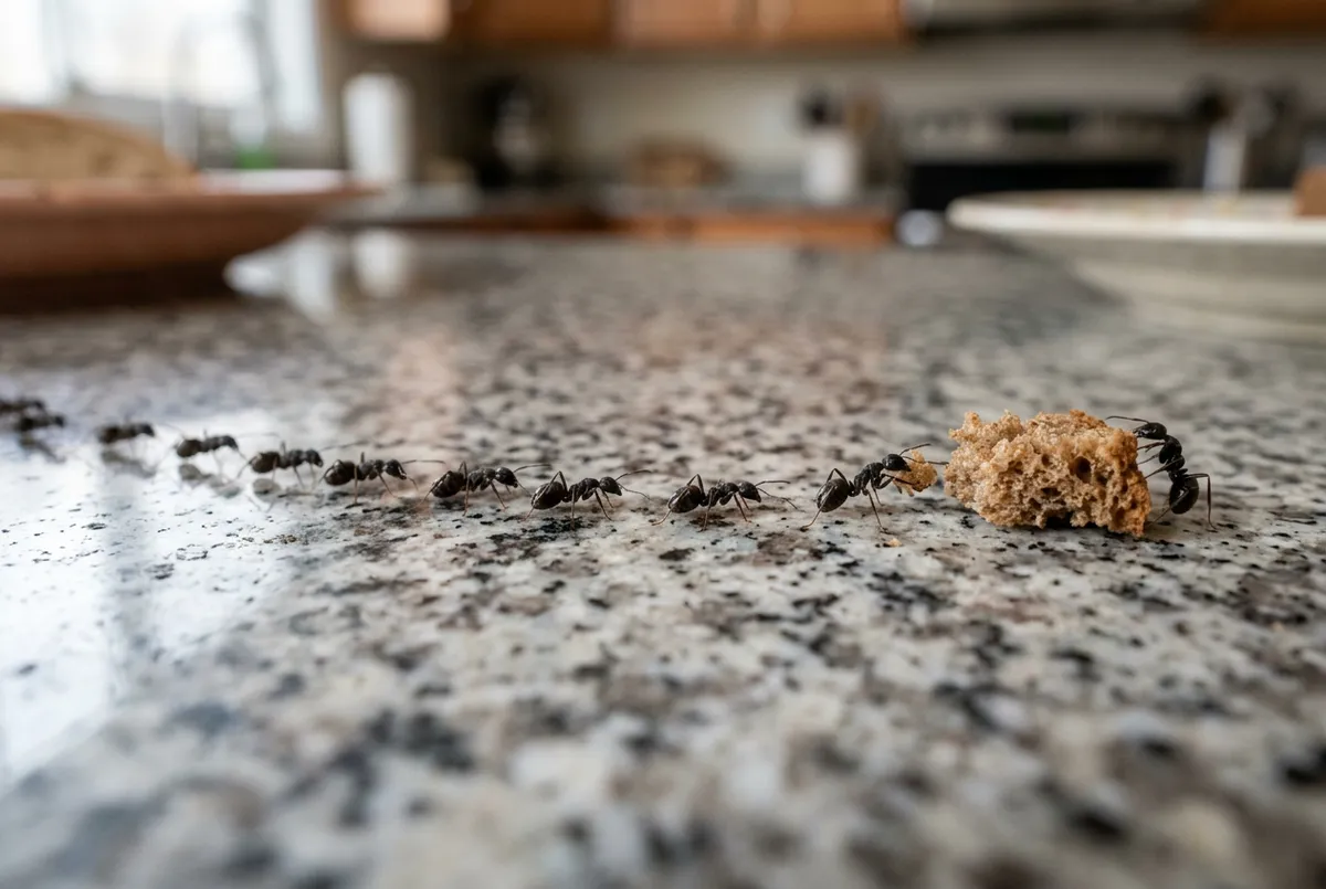 Trilha de formigas em uma bancada de cozinha
