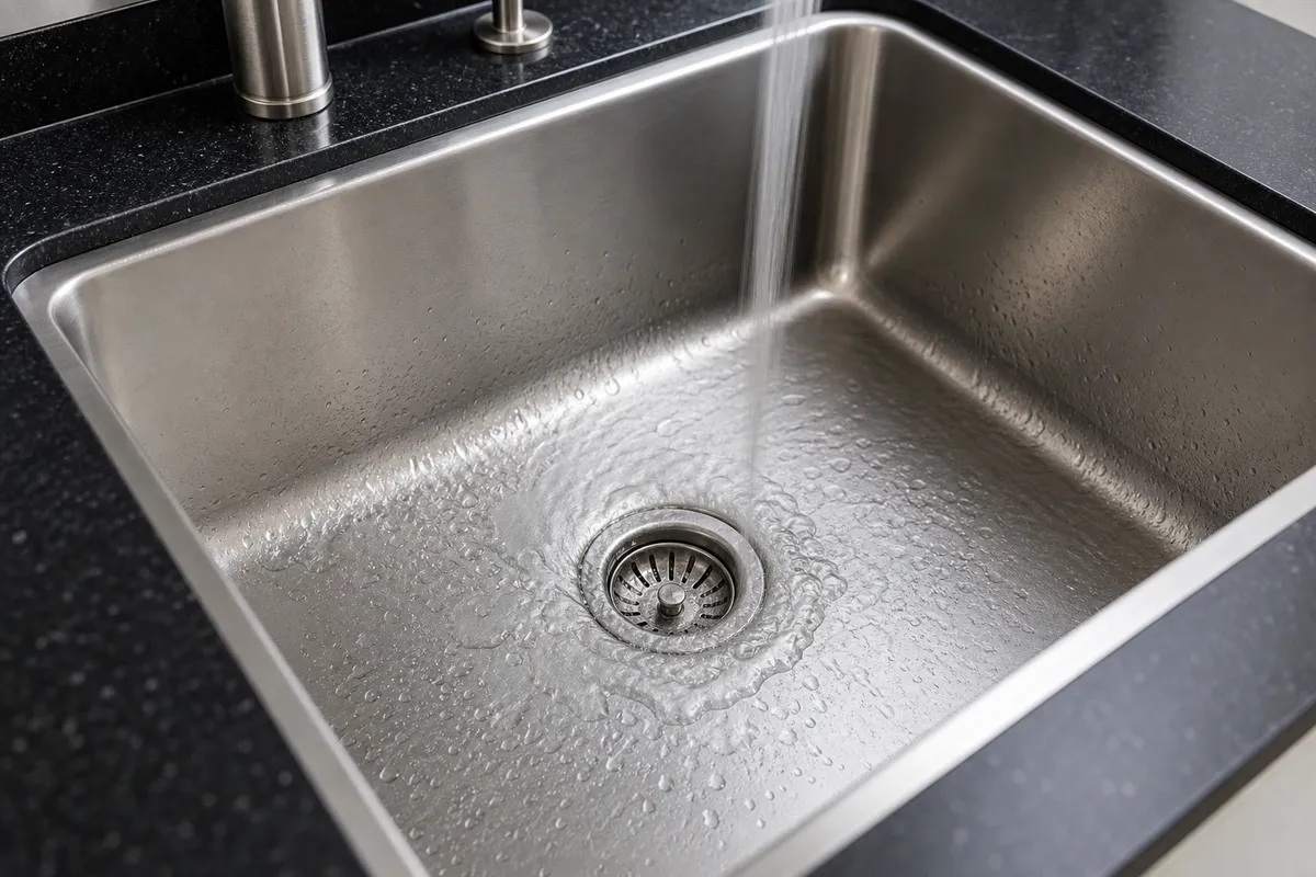 Pia de cozinha de inox com água escoando pelo ralo