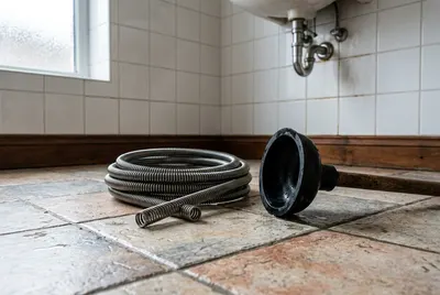 Cabo de aço e desentupidor de borracha sobre o piso de um banheiro