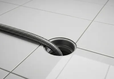Cabo de aço flexível sendo introduzido em um ralo no piso