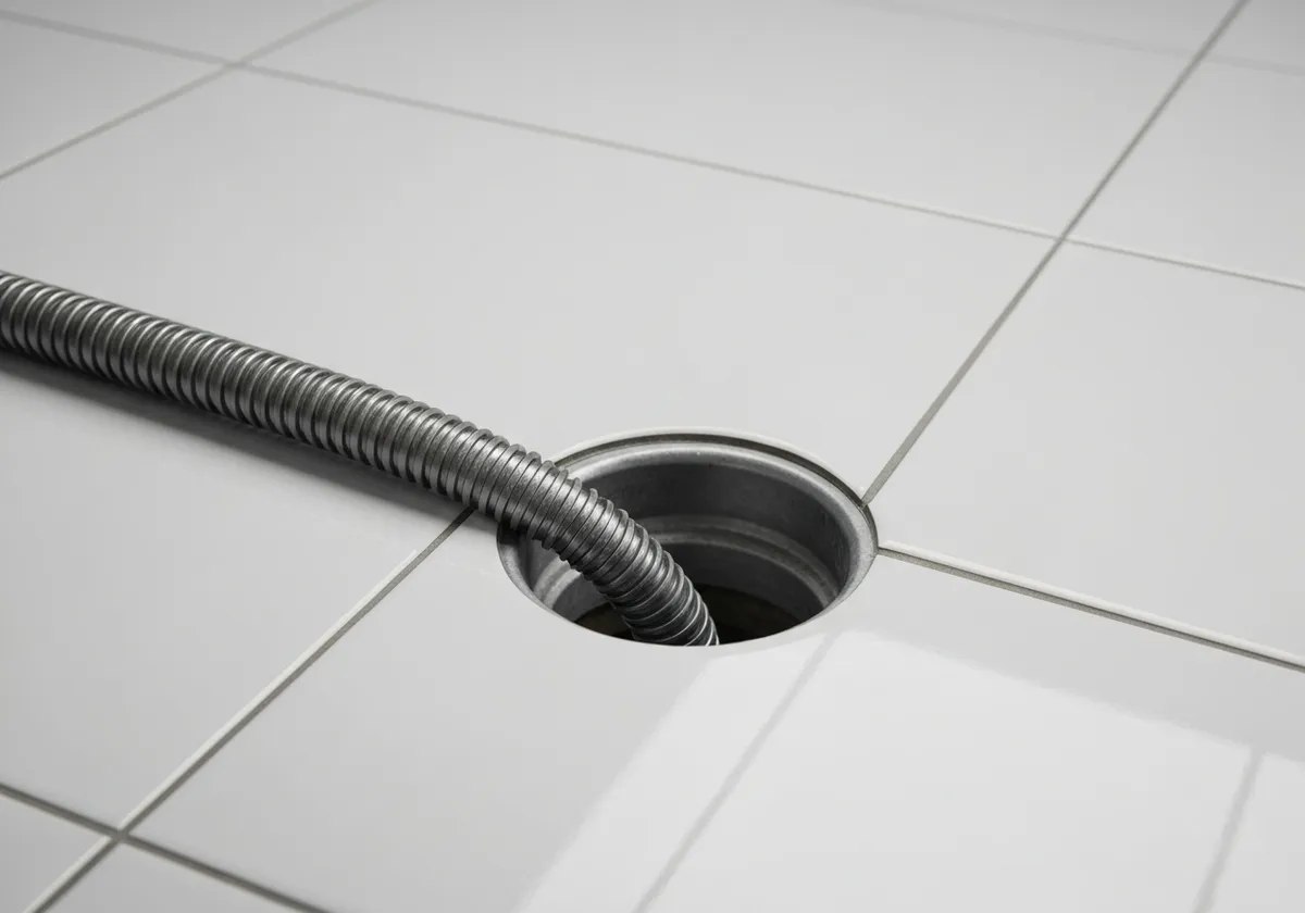 Cabo de aço flexível sendo introduzido em um ralo no piso
