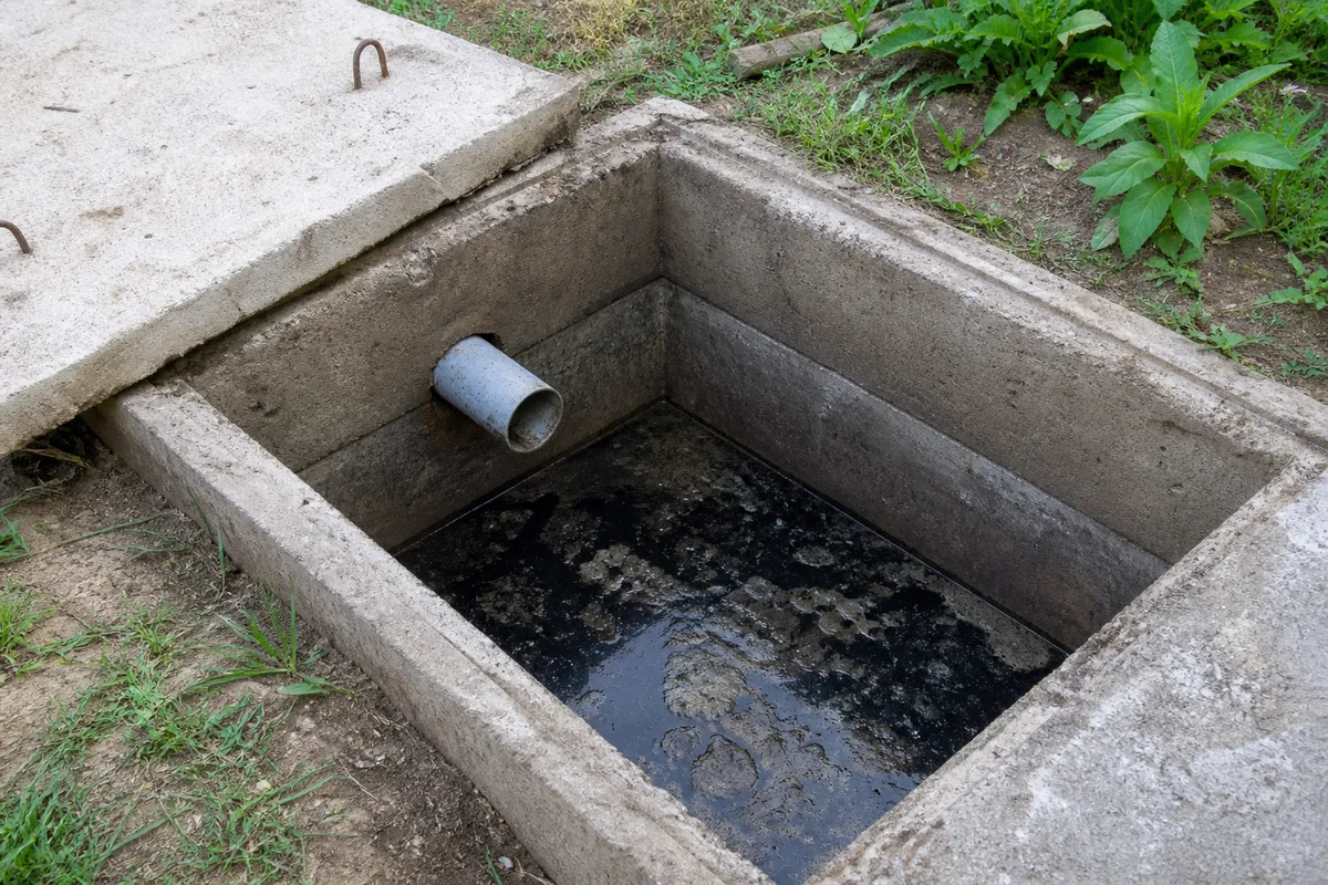 Fossa séptica de concreto aberta mostrando o tubo de entrada