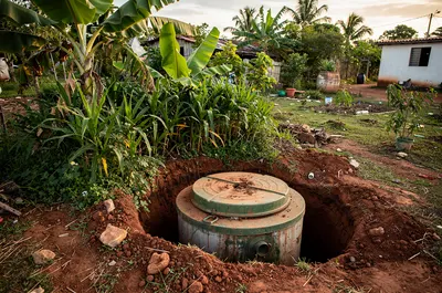Tampa de biodigestor de fossa ecológica cercada por bananeiras em quintal rural
