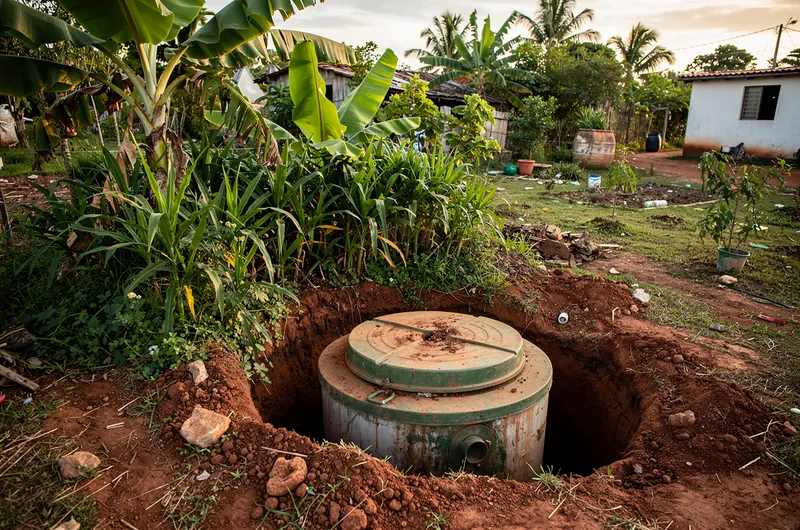 Tampa de biodigestor de fossa ecológica cercada por bananeiras em quintal rural