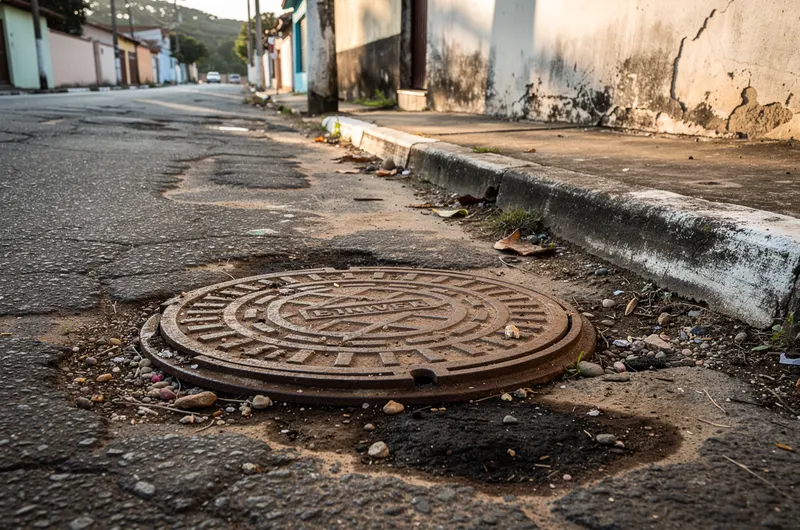 Tampa de poço de visita da rede pública de esgoto em rua residencial