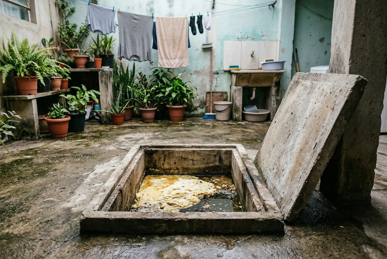 Pessoa com luvas verificando o nível interno de uma caixa de gordura aberta em quintal residencial