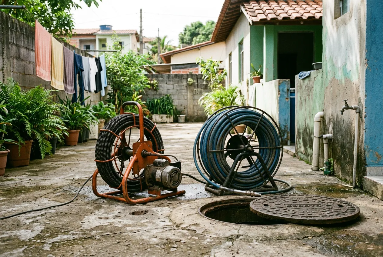 Máquina rotativa de cabo flexível e mangueira de hidrojateamento lado a lado sobre piso de área externa