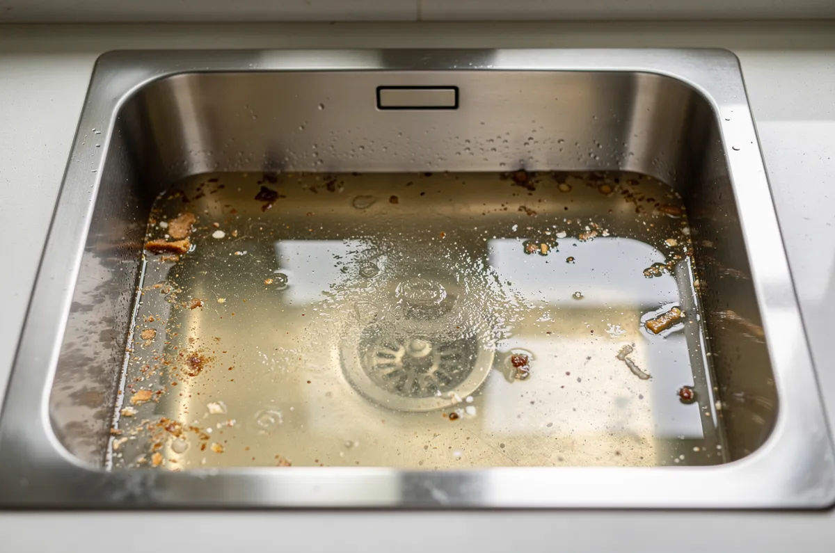 Pia de cozinha de inox cheia de água parada que não escoa