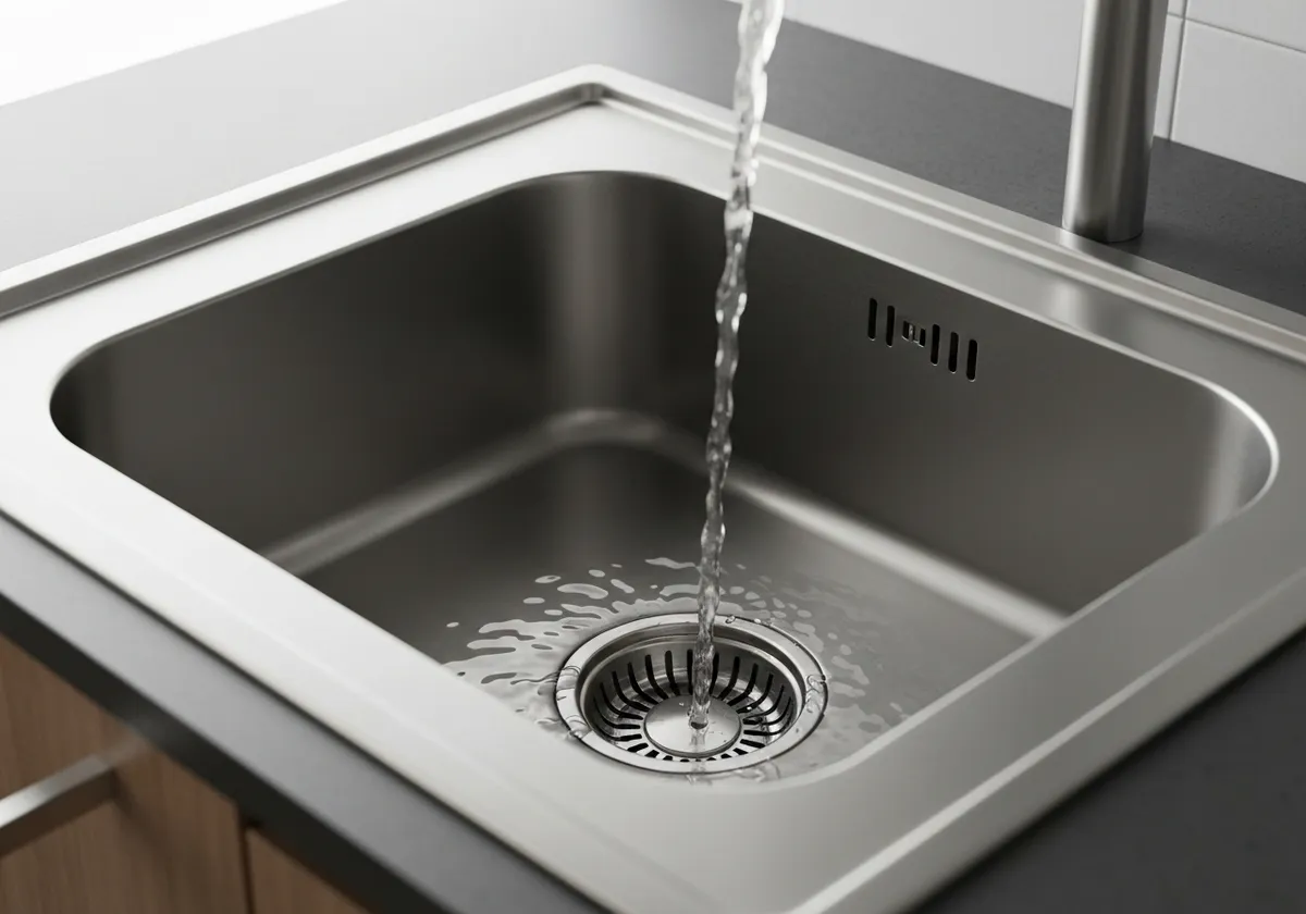 Pia de cozinha de inox com água escoando pelo ralo
