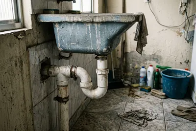 Trecho de tubulação de PVC exposta em área de serviço residencial com produto de limpeza ao lado
