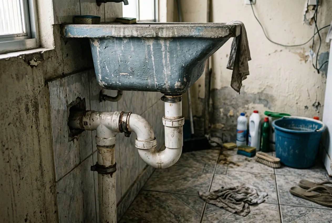 Trecho de tubulação de PVC exposta em área de serviço residencial com produto de limpeza ao lado