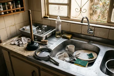 Produtos de limpeza e ferramenta manual ao lado de pia de cozinha residencial