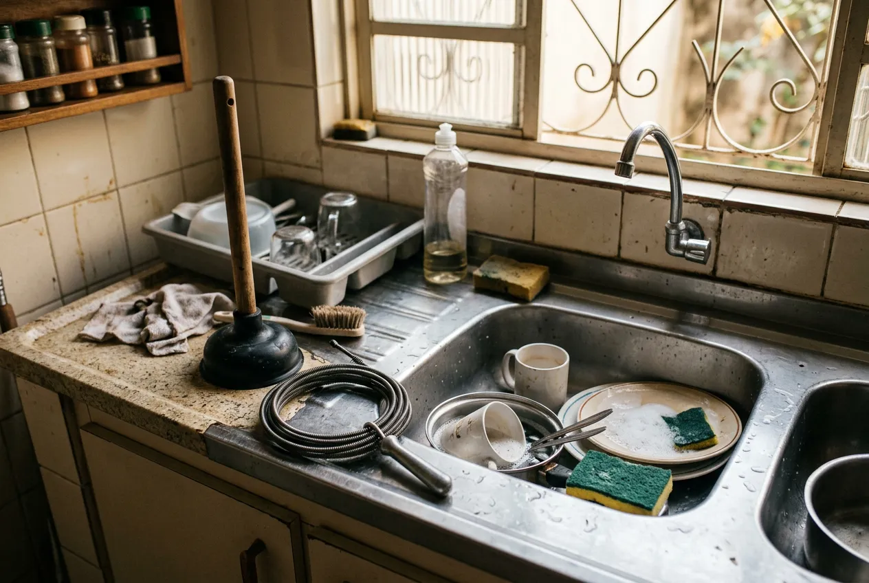 Produtos de limpeza e ferramenta manual ao lado de pia de cozinha residencial