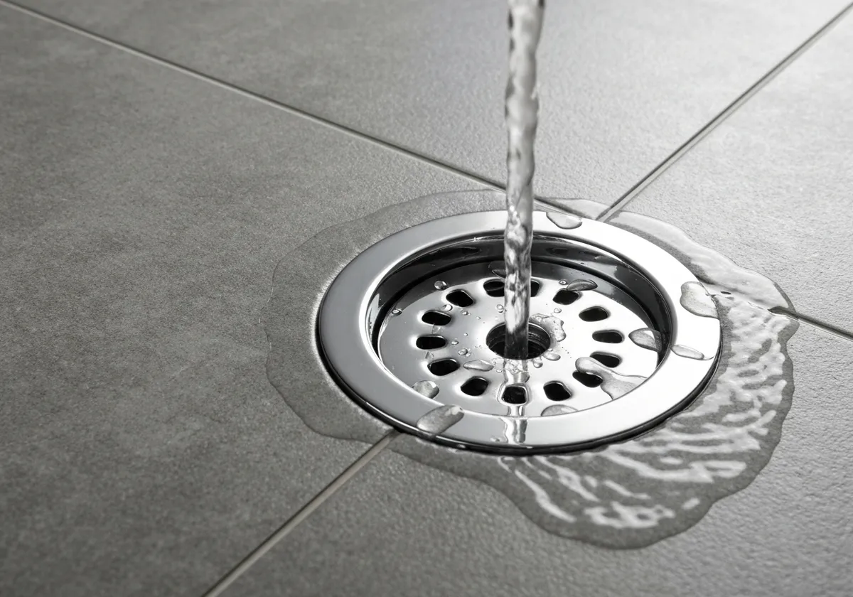Ralo cromado de banheiro com água escoando no piso