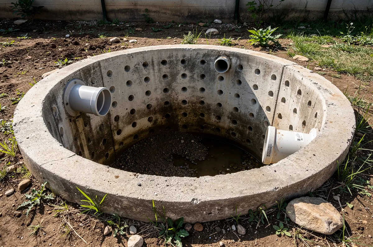 Sumidouro de concreto aberto no quintal com paredes perfuradas