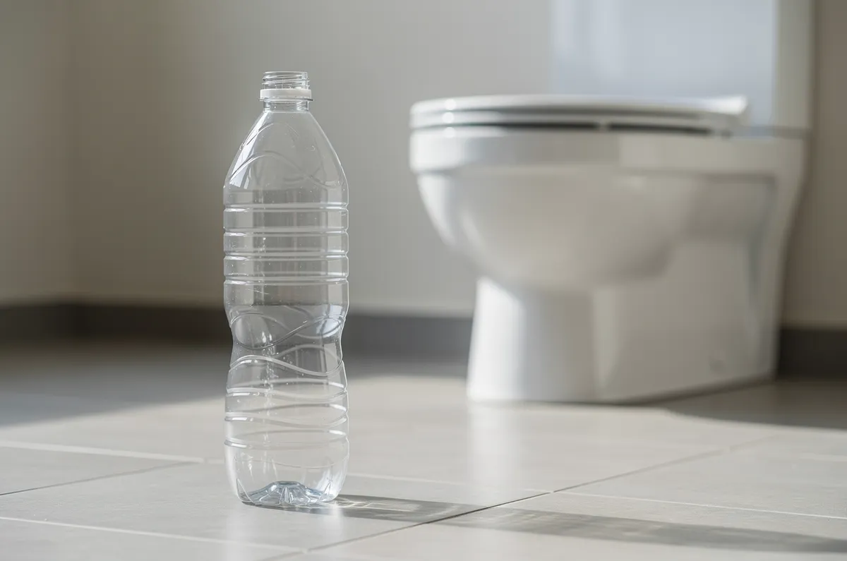 Garrafa PET ao lado de um vaso sanitário branco