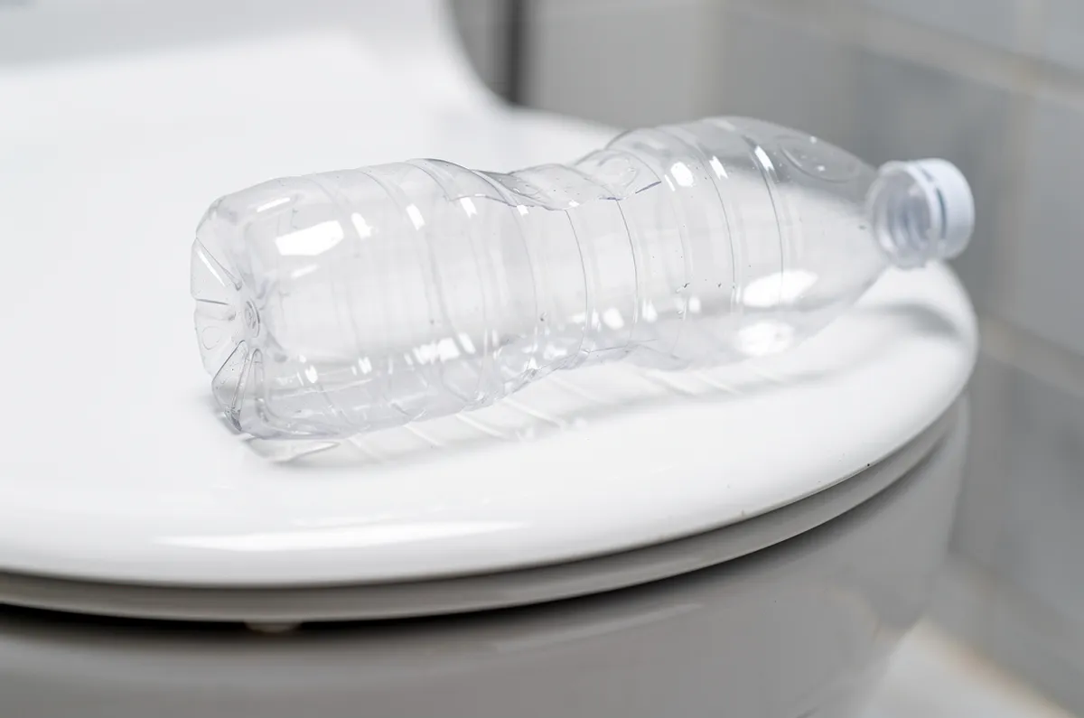 Garrafa PET cortada apoiada na borda de um vaso sanitário