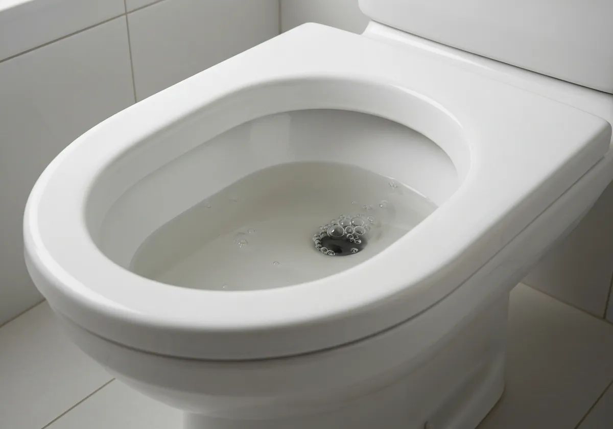 Vaso sanitário com água turva e bolhas, sinal de obstrução