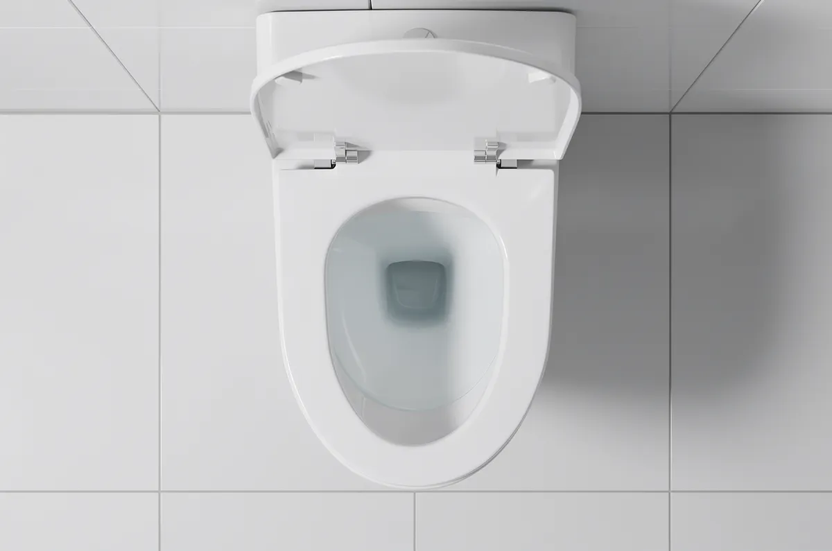 Vaso sanitário branco visto de cima com água limpa